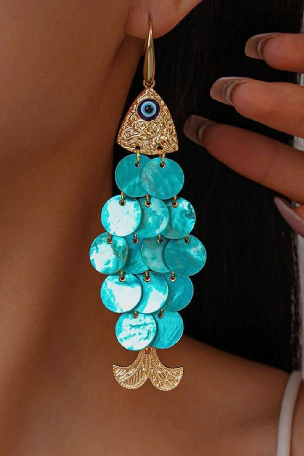 Fish Shell Drop Earrings in Blue