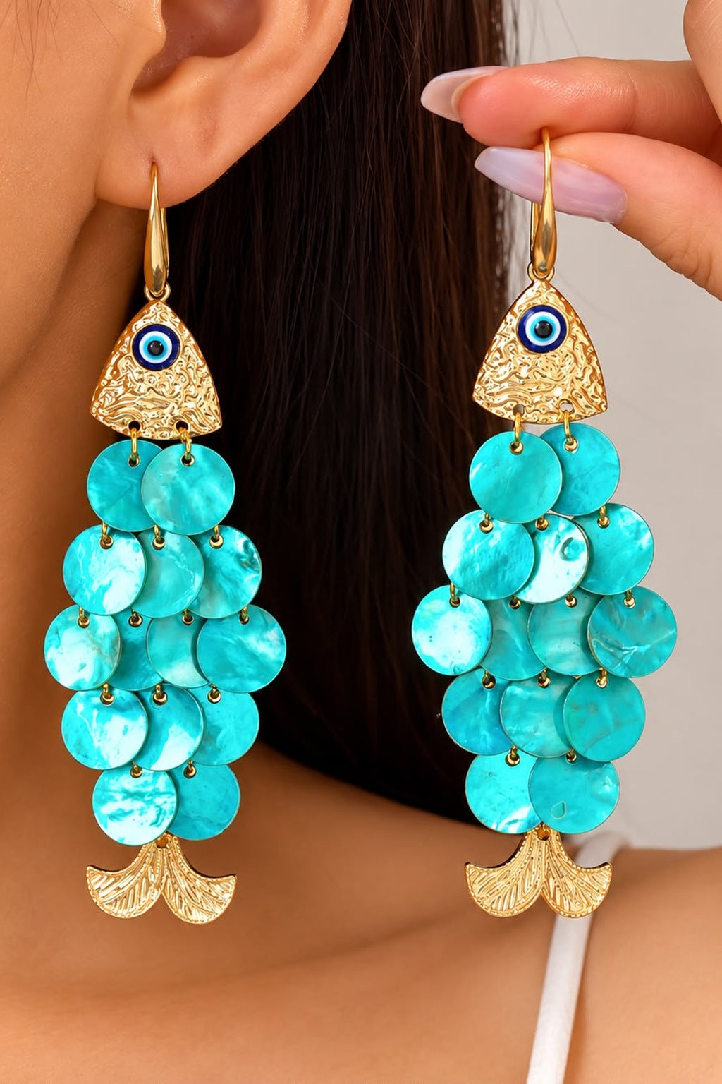 Fish Shell Drop Earrings in Blue