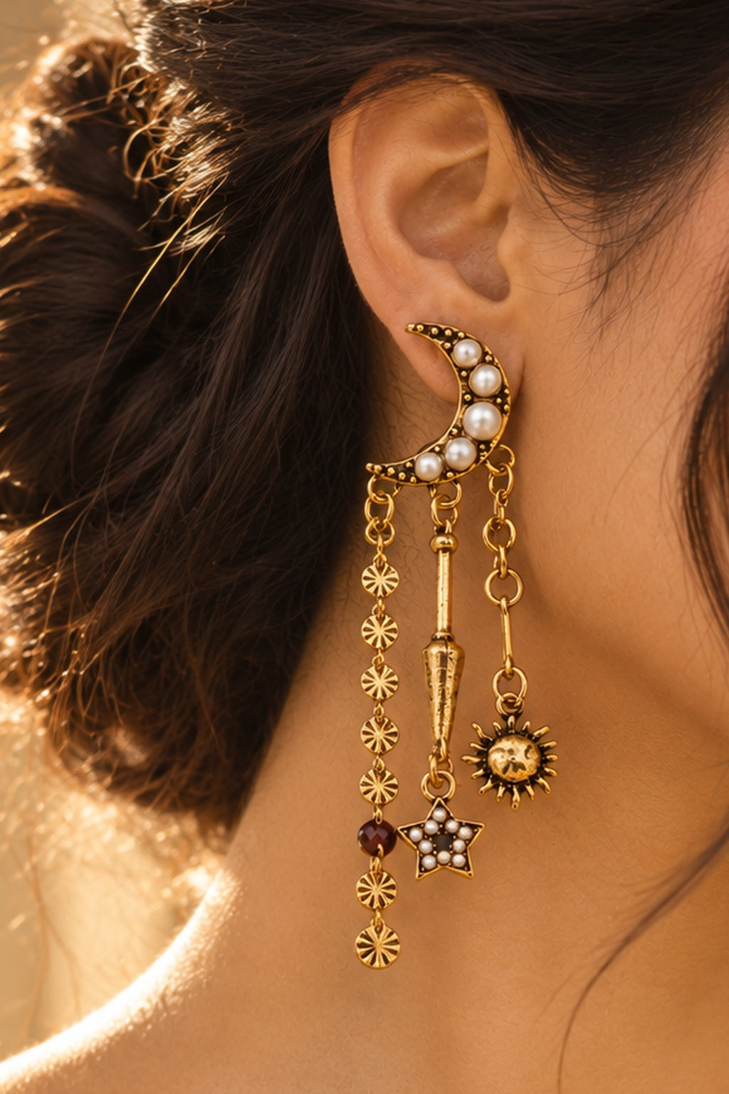 Cosmic Crush Celestial Drop Earrings worn, moon side
