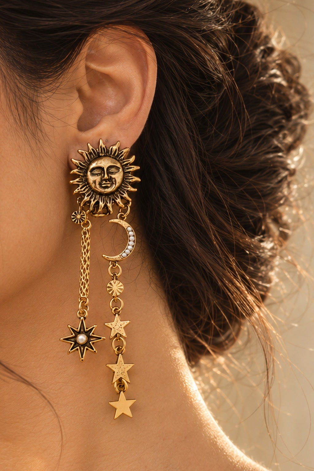 Cosmic Crush Celestial Drop Earrings worn, sun side