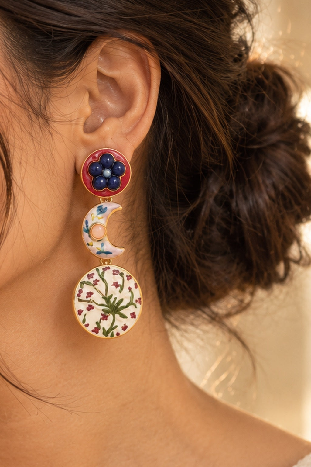 Mismatch Muse Enamel Drop Earrings worn, moon side
