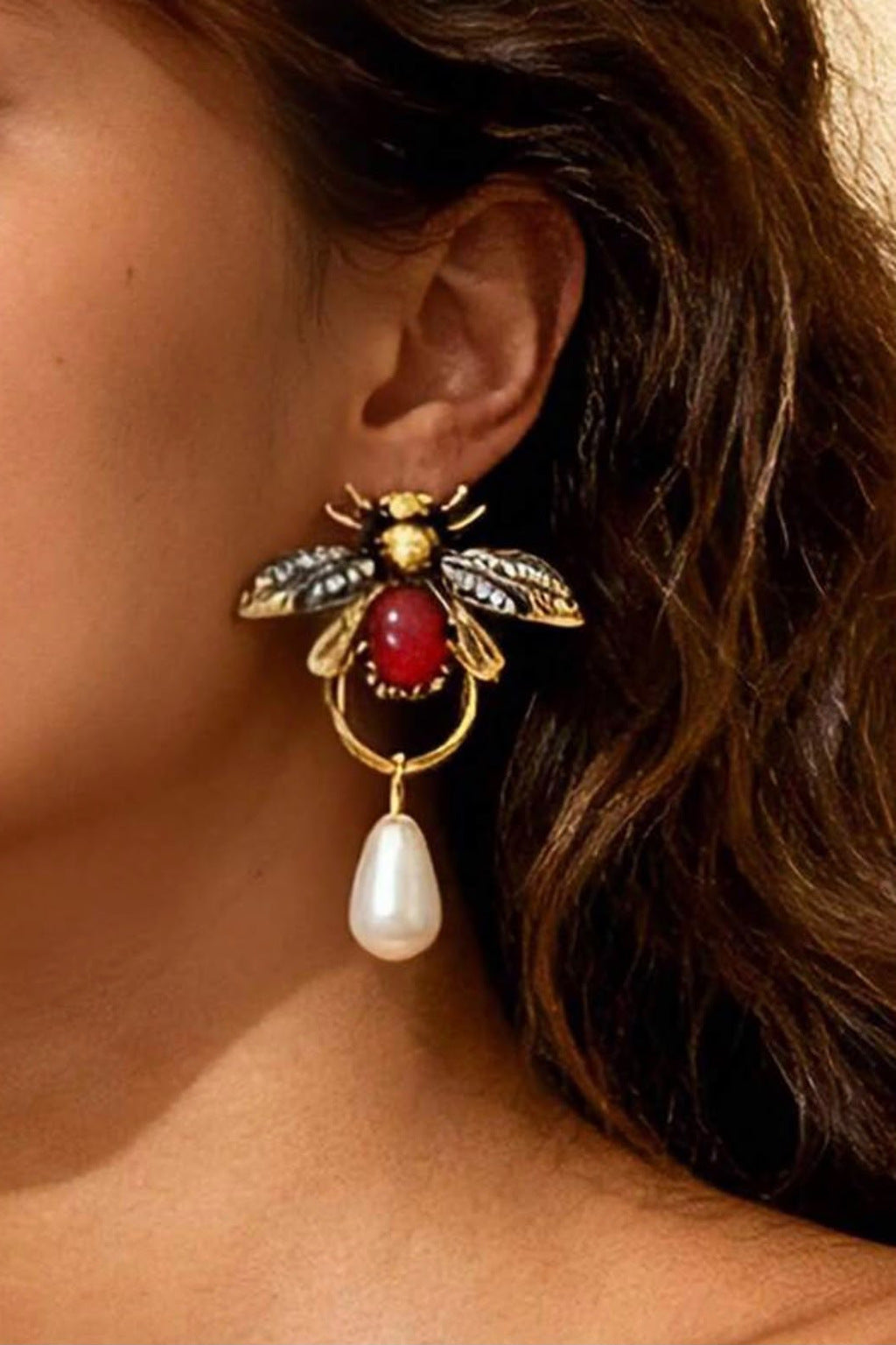 Ruby Bee Pearl Drop Earrings on model