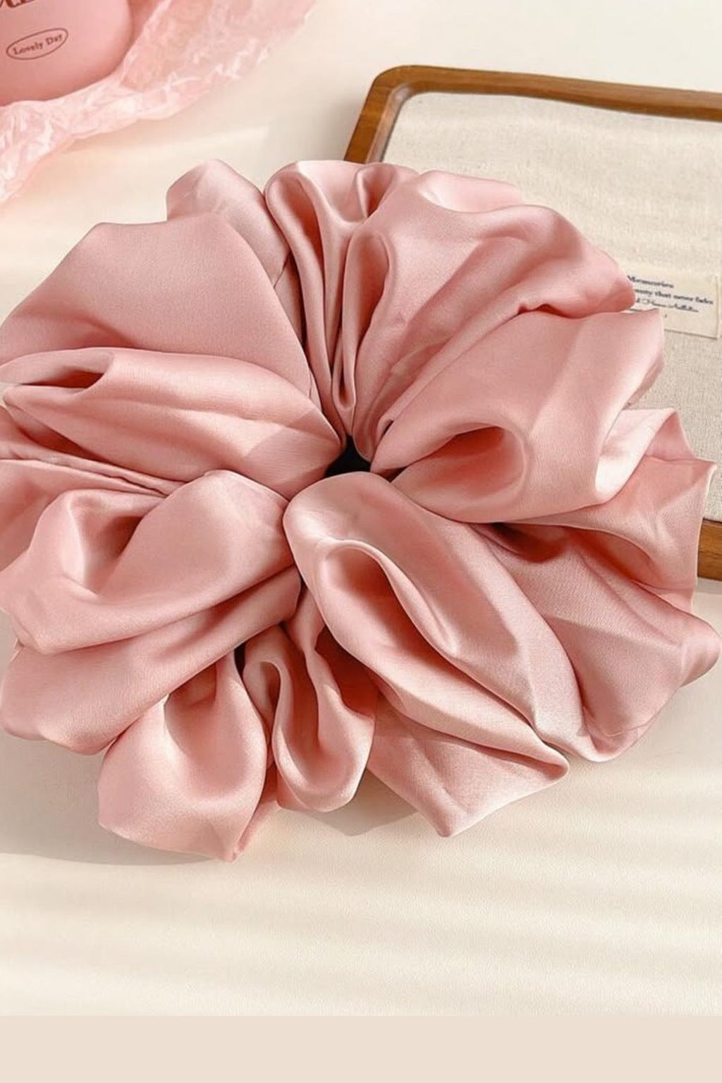 Big Fluffy Satin Scrunchie - Pink – flat lay