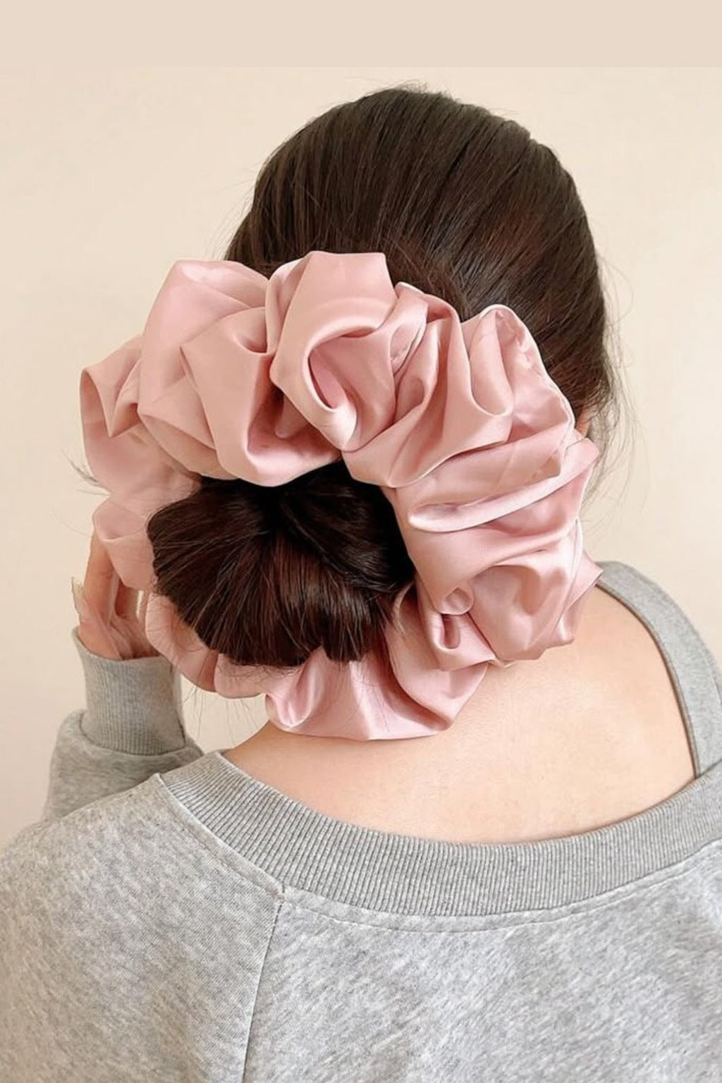 Big Fluffy Satin Scrunchie - Pink worn, back view