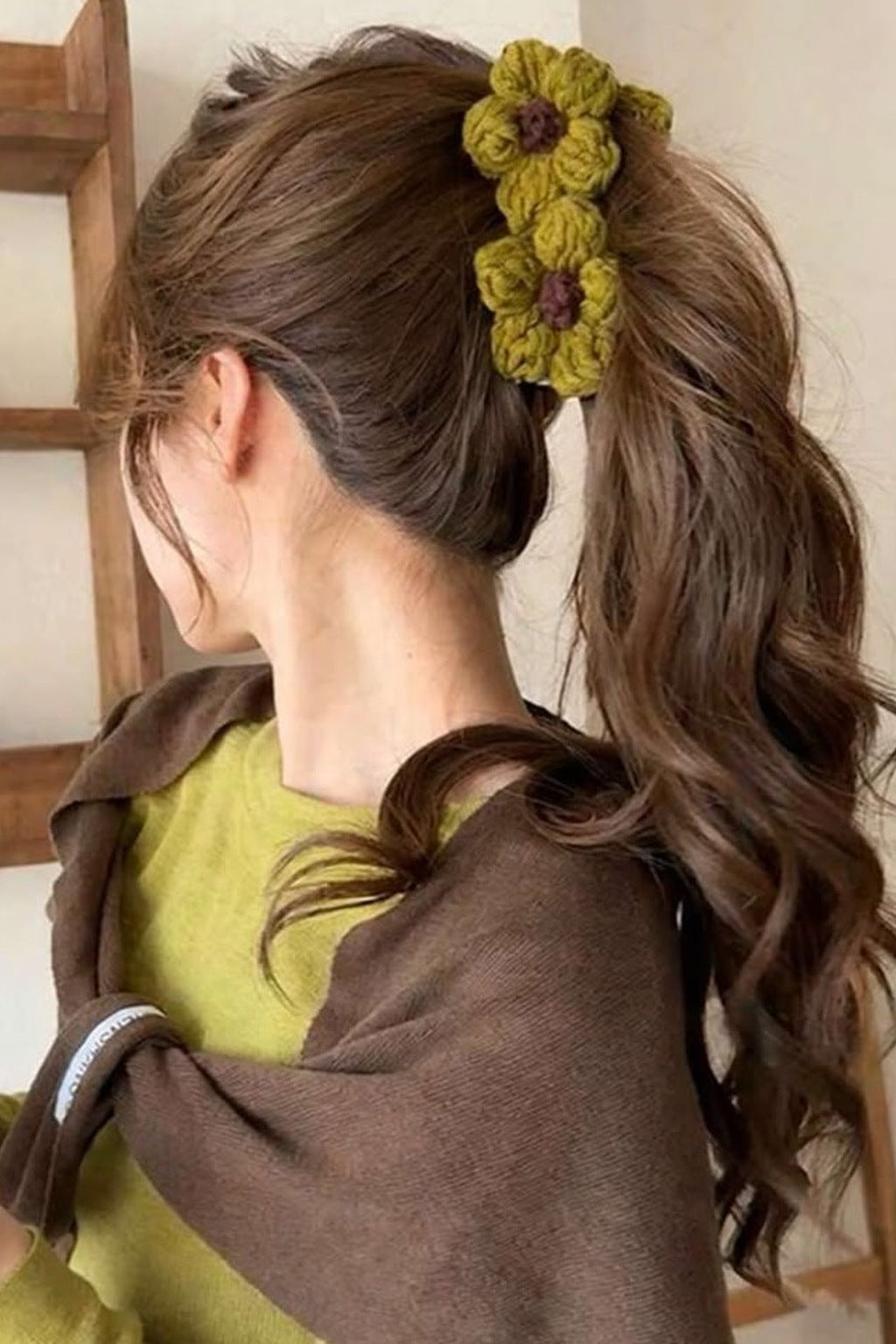 Crochet Flower Claw Clip - Olive worn, side view