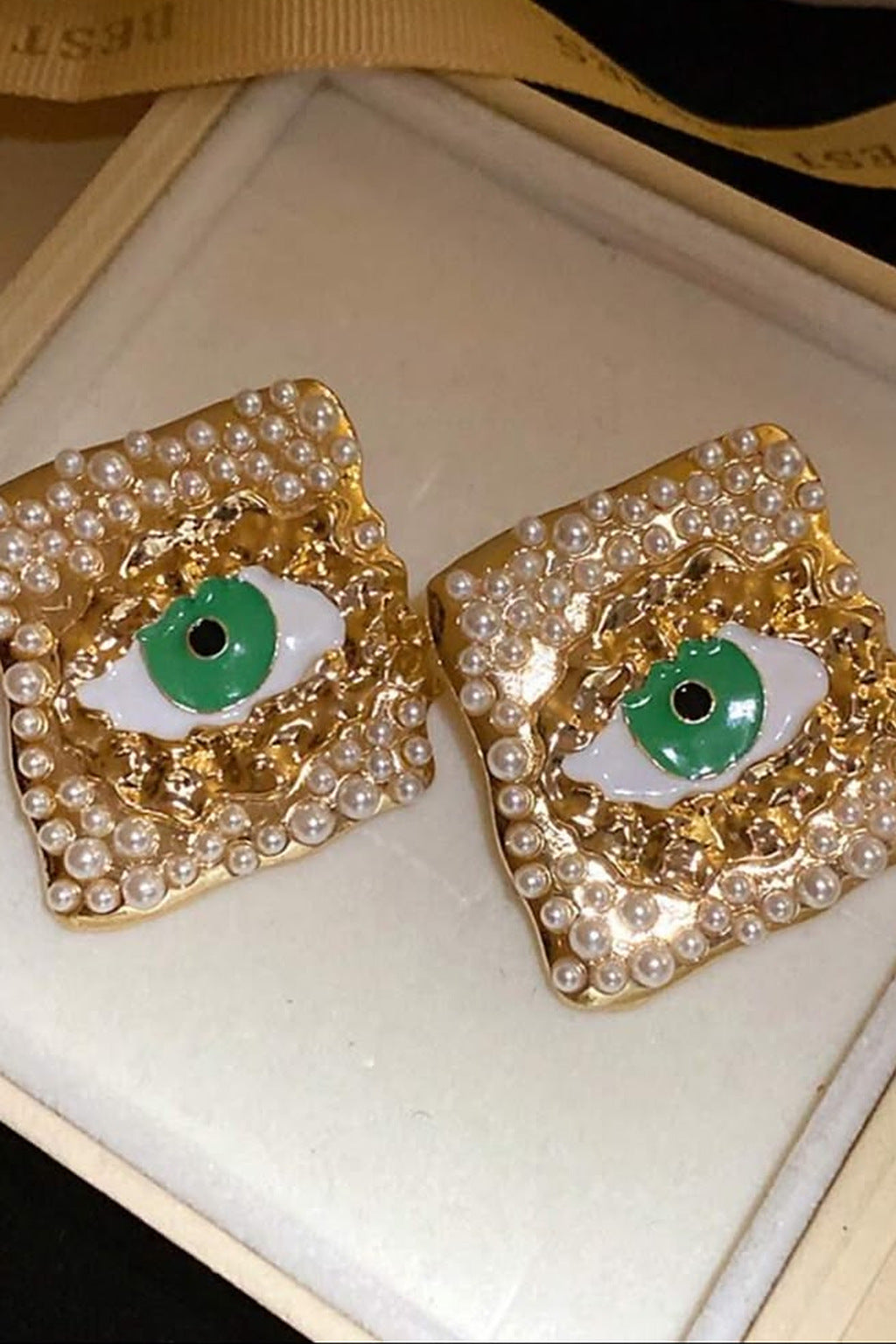 Emerald Gaze Square Stud Earrings pair, front view