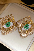 Emerald Gaze Square Stud Earrings pair, front view