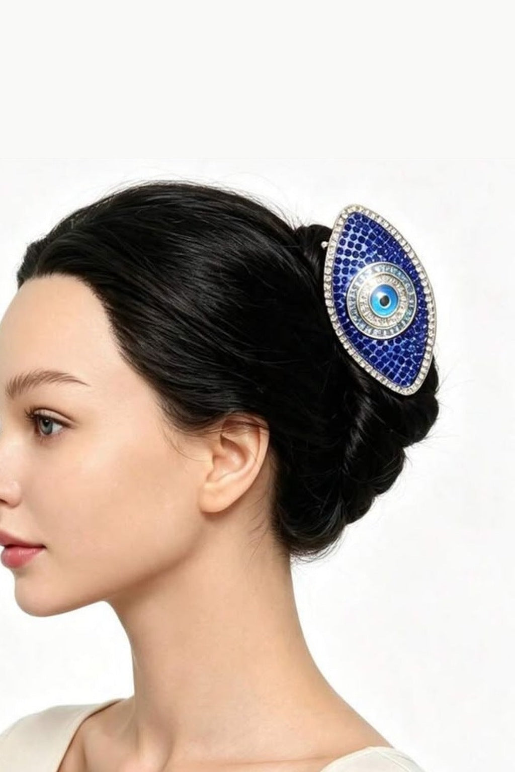 Lucky Eye Claw Clip worn in a bun