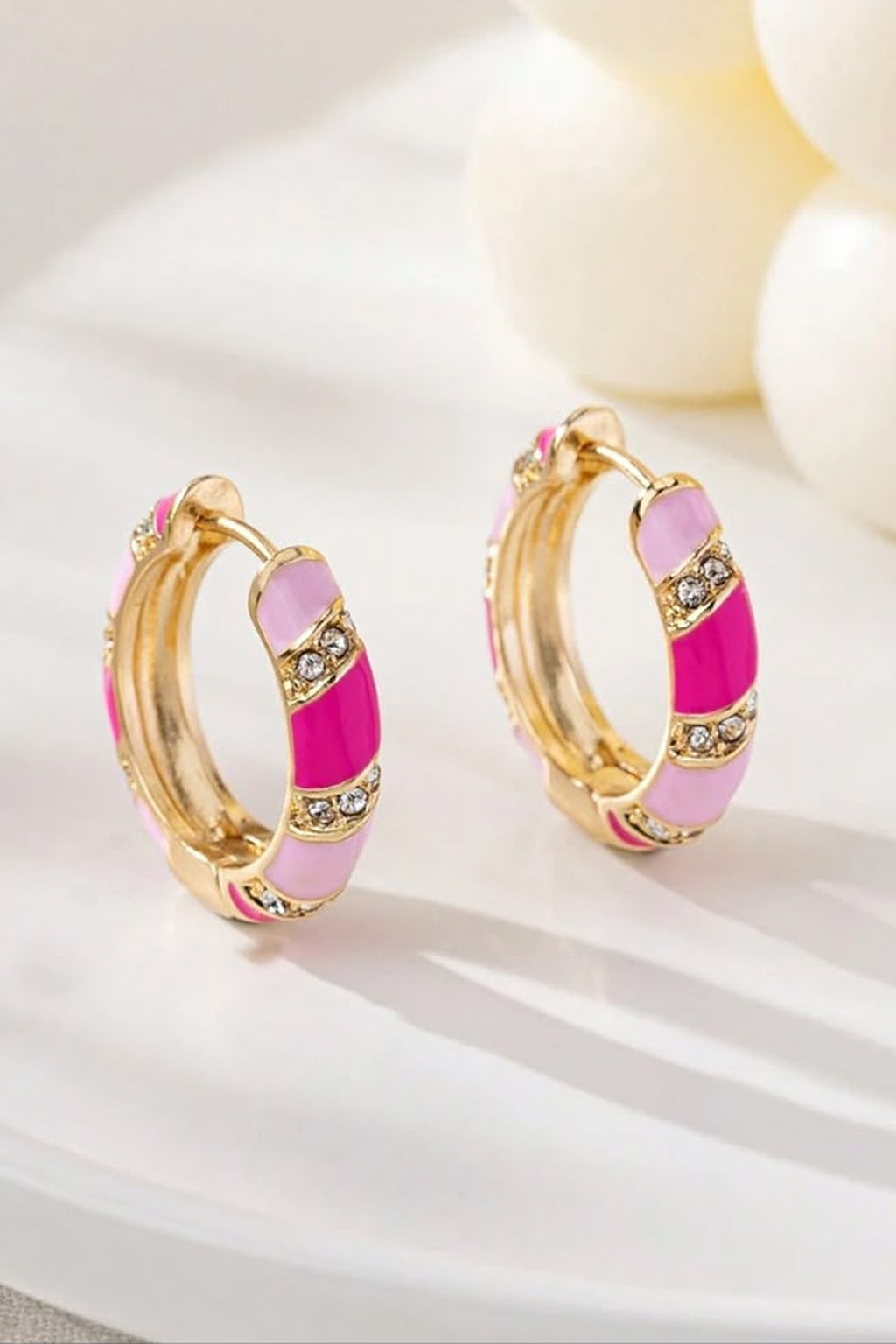 Pink Candy Stripe Hoop Earrings, gold huggies with pink enamel stripes