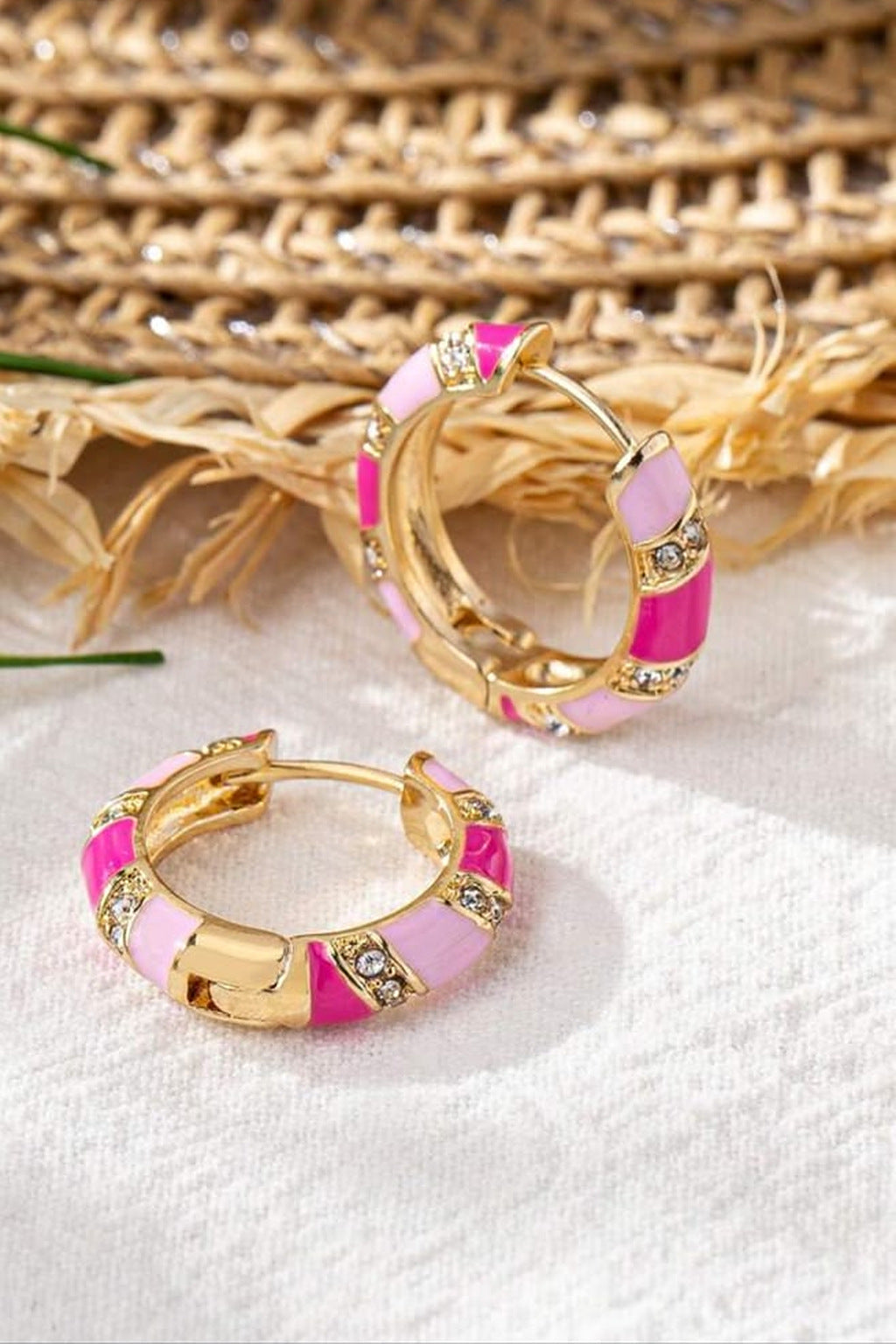 Pink Candy Stripe Hoop Earrings on straw and linen