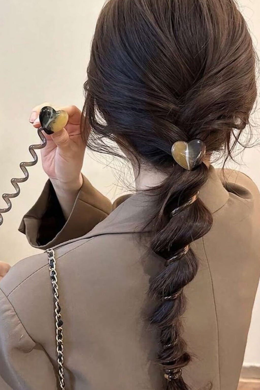 Heart Spiral Hair Tie Set of 2 – back view on a braid