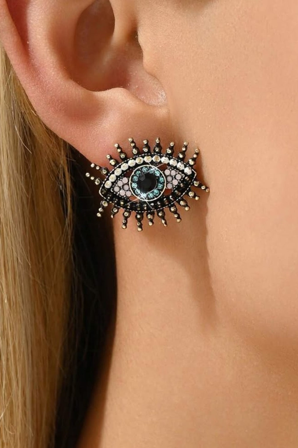 Lash Eye Studs worn, close-up