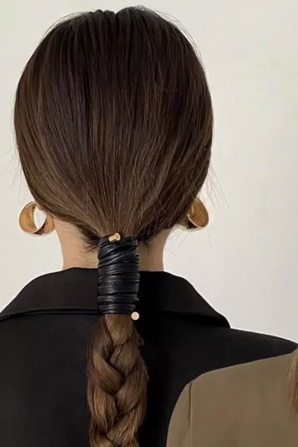 Leather Wrap Ponytail Tie - Black wrapped on a braid