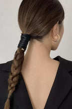 Leather Wrap Ponytail Tie - Black worn, back view