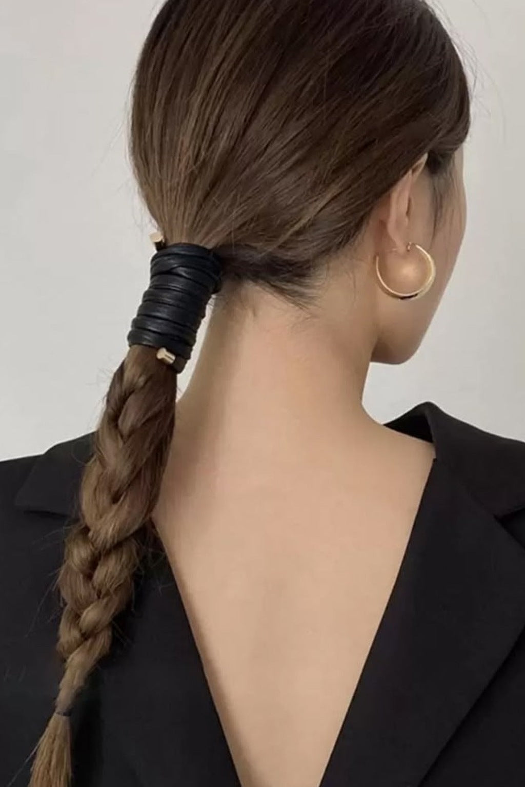 Leather Wrap Ponytail Tie - Black worn, back view