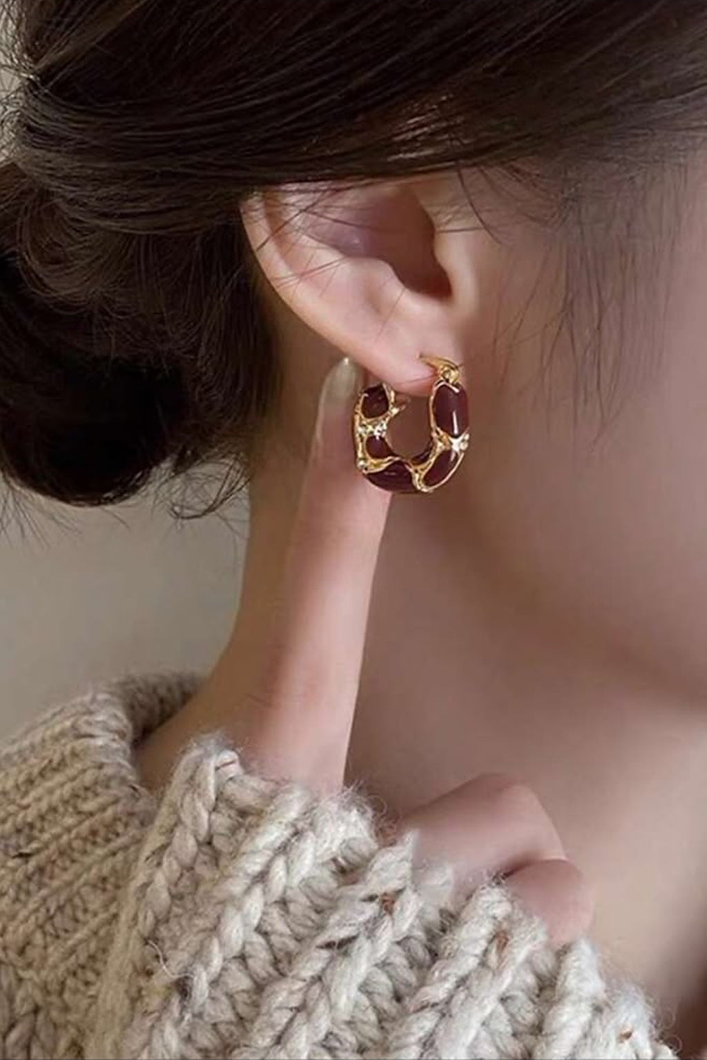 Burgundy Swirl Hoop Earrings worn, side view