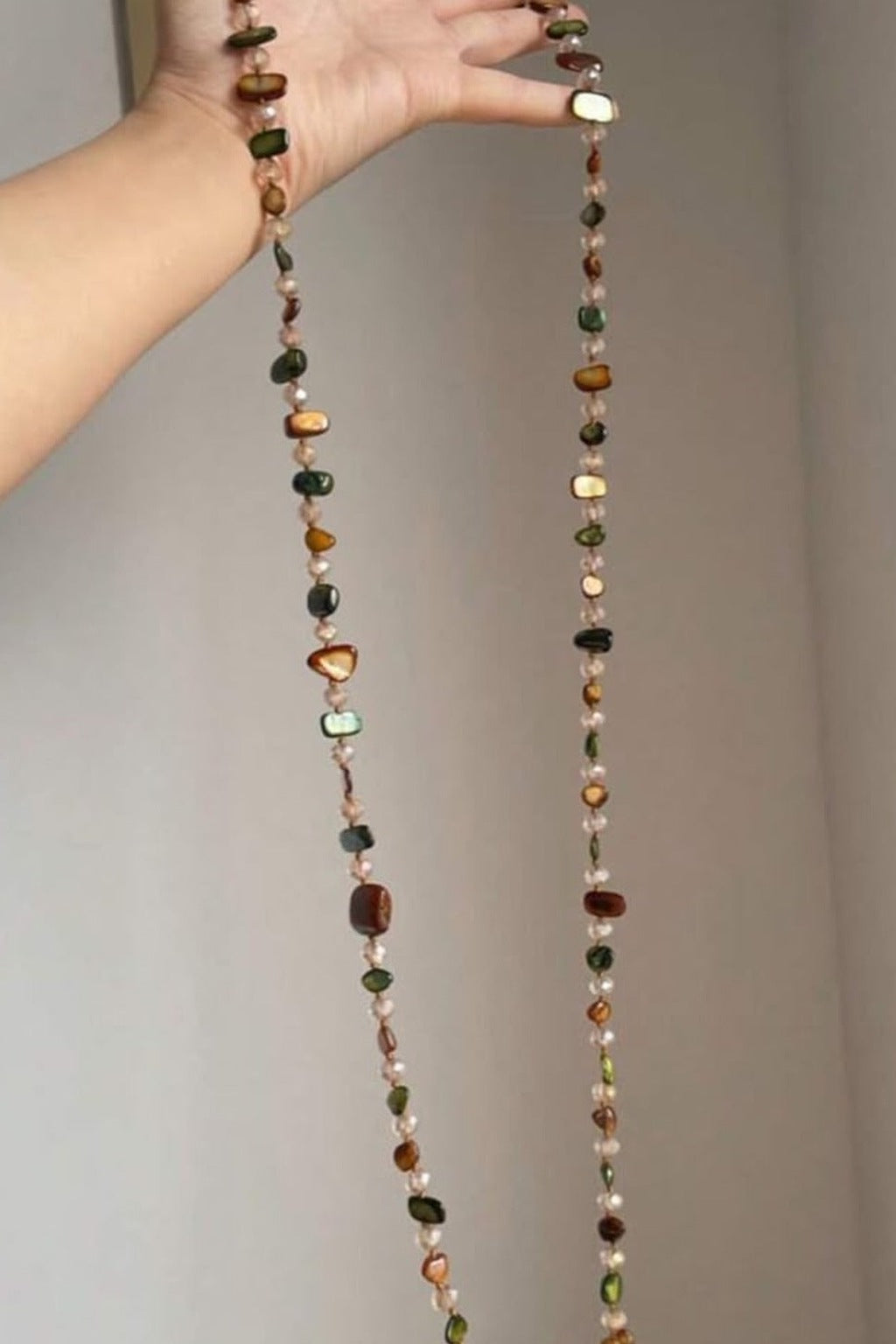 Mermaid Wrap Necklace full length view of the long shell chip necklace