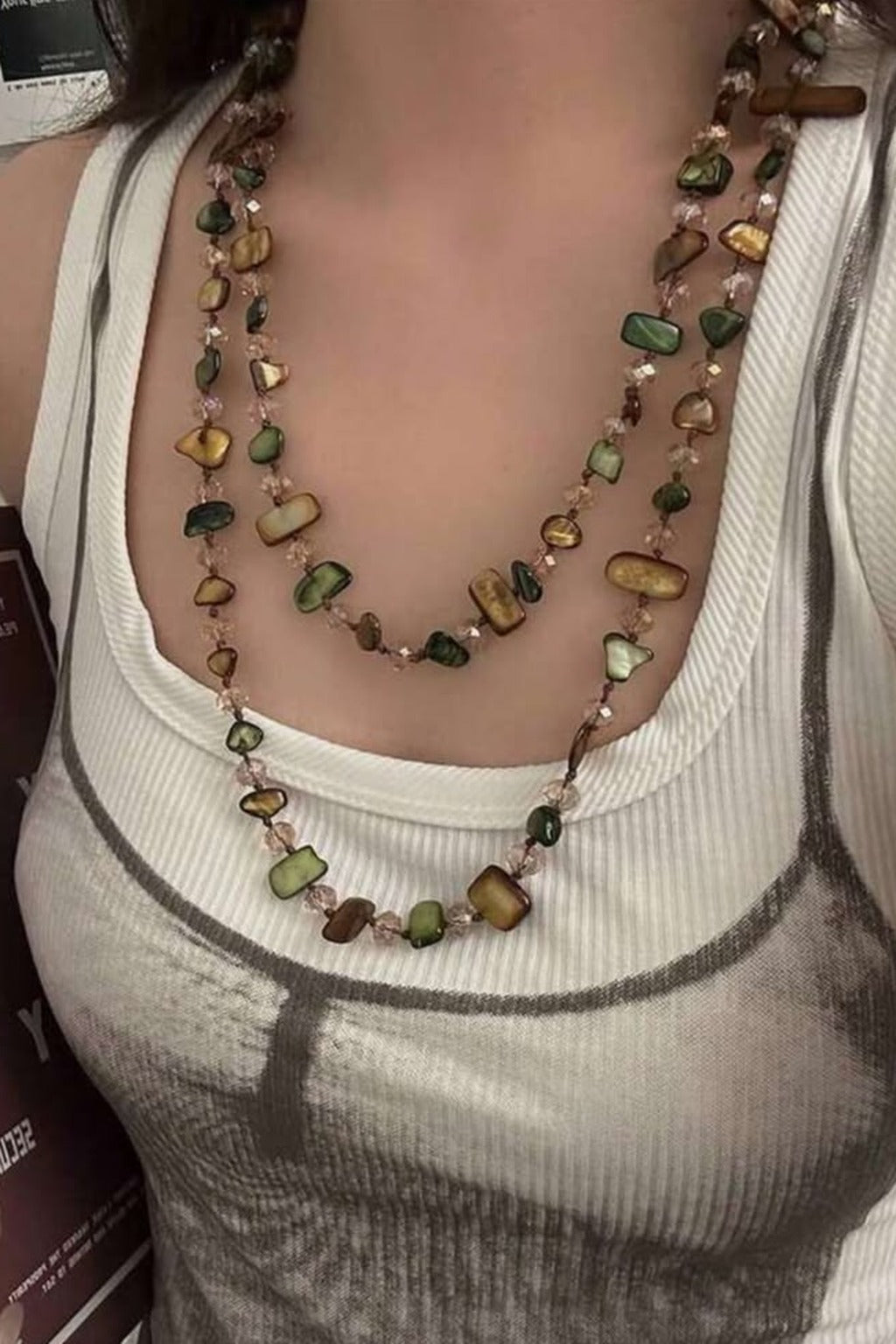 Mermaid Wrap Necklace worn double-wrapped over a white tank top