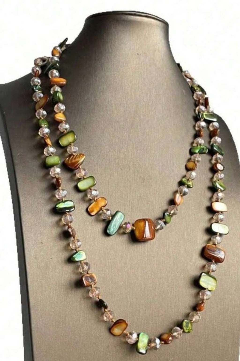 Mermaid Wrap Necklace displayed on a black bust – double-wrap shell necklace