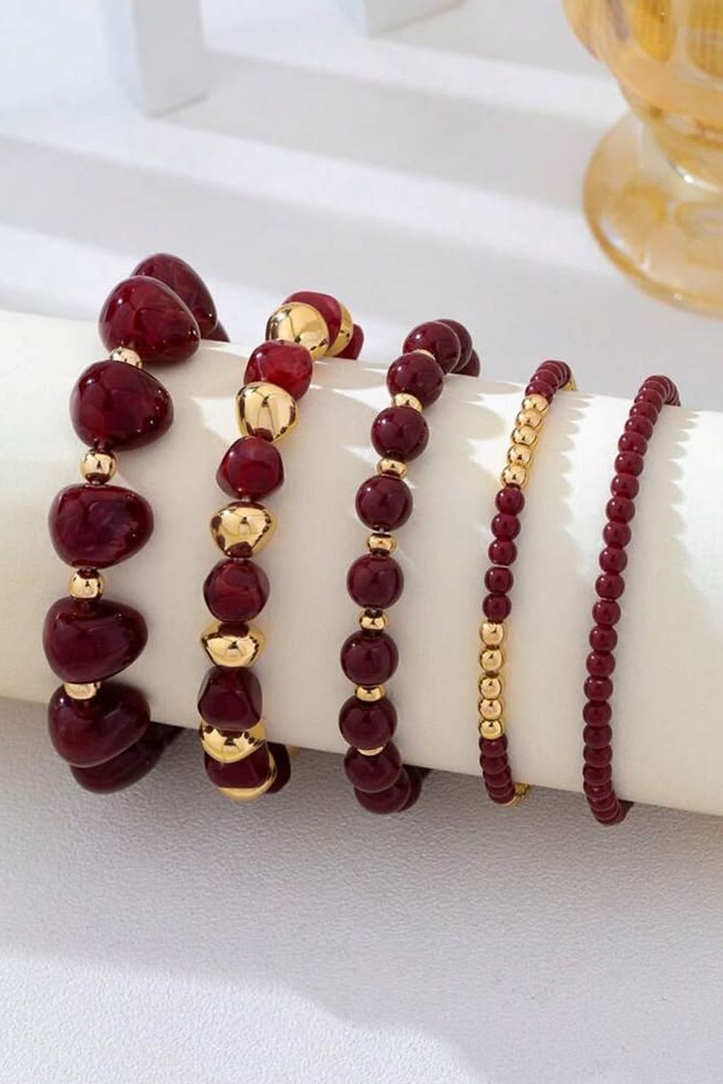 Marble Muse Stretchable Bracelet Stack – Burgundy, 5 bracelets lined up