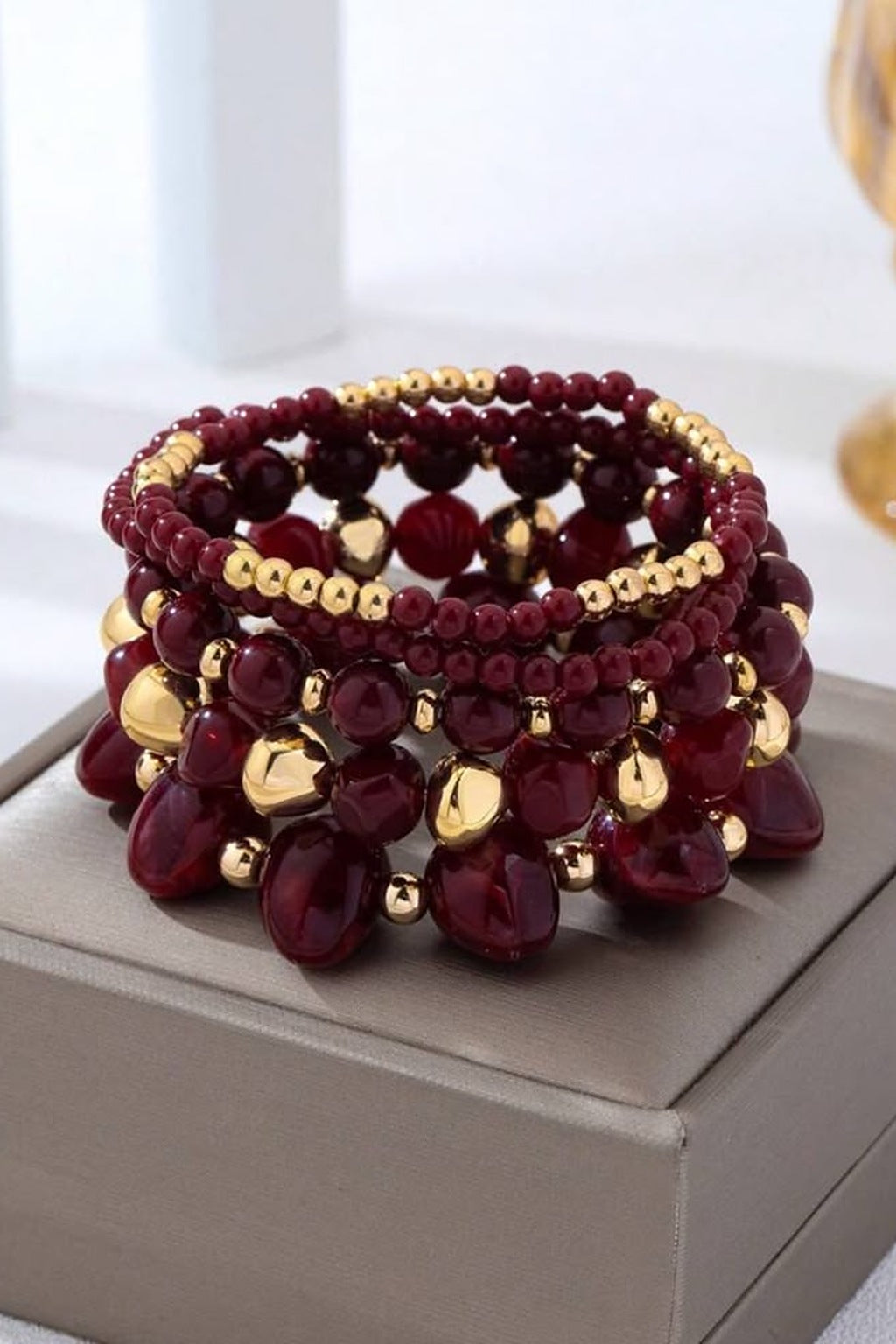 Marble Muse Stretchable Bracelet Stack – Burgundy, stacked