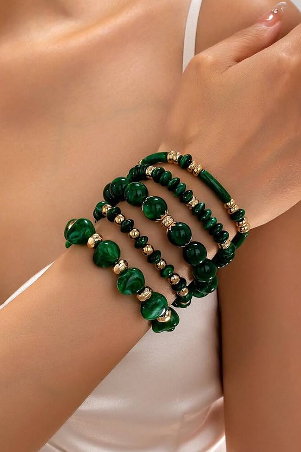Marble Muse Stretchable Bracelet Stack – Green, worn on the wrist