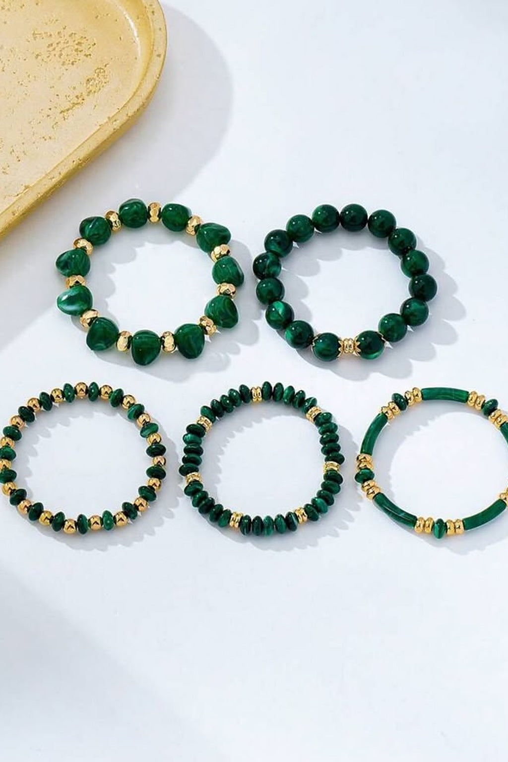 Marble Muse Stretchable Bracelet Stack – Green, 5 bracelets laid flat