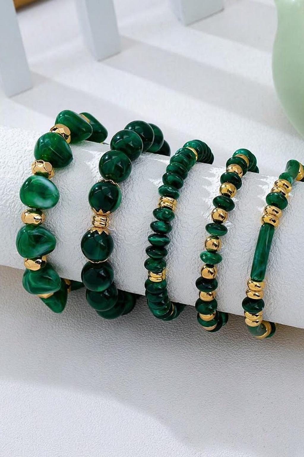 Marble Muse Stretchable Bracelet Stack – Green, 5 bracelets lined up