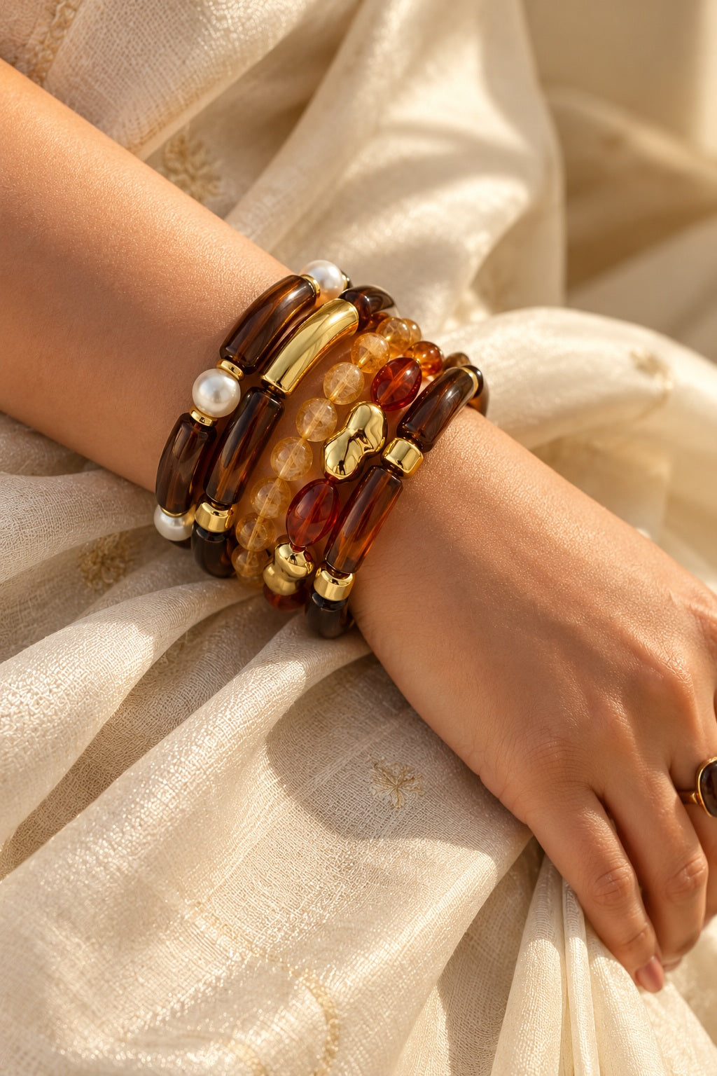 Honey Pearl Amber Bracelet Stack worn