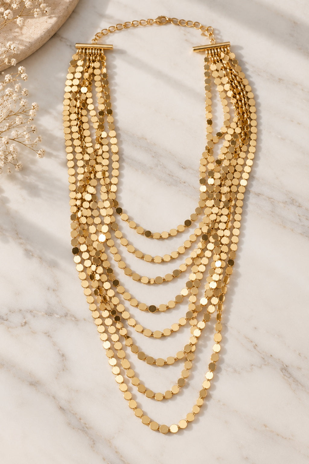 Golden Shimmer Layered Coin Necklace flat lay