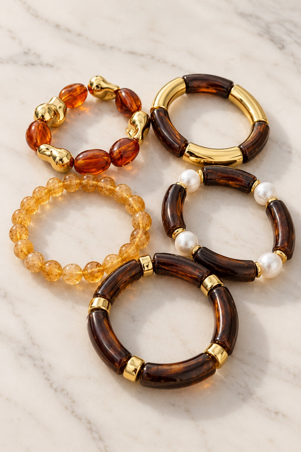 Honey Pearl Amber Bracelet Stack flat lay