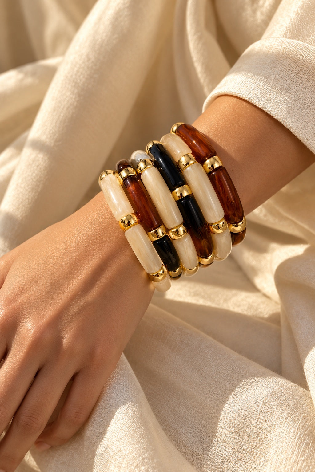 Mocha Noir Tube Bracelet Stack worn