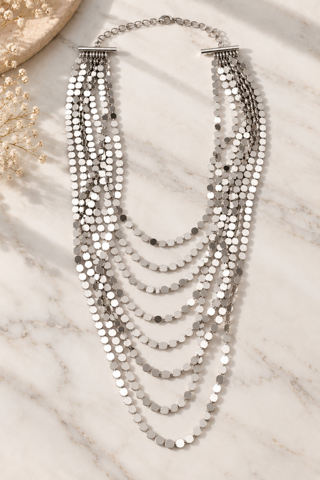 Silver Shimmer Layered Sequin Necklace flat lay