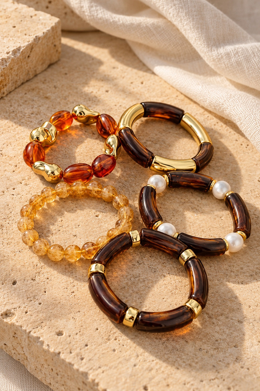 Honey Pearl Amber Bracelet Stack on stone