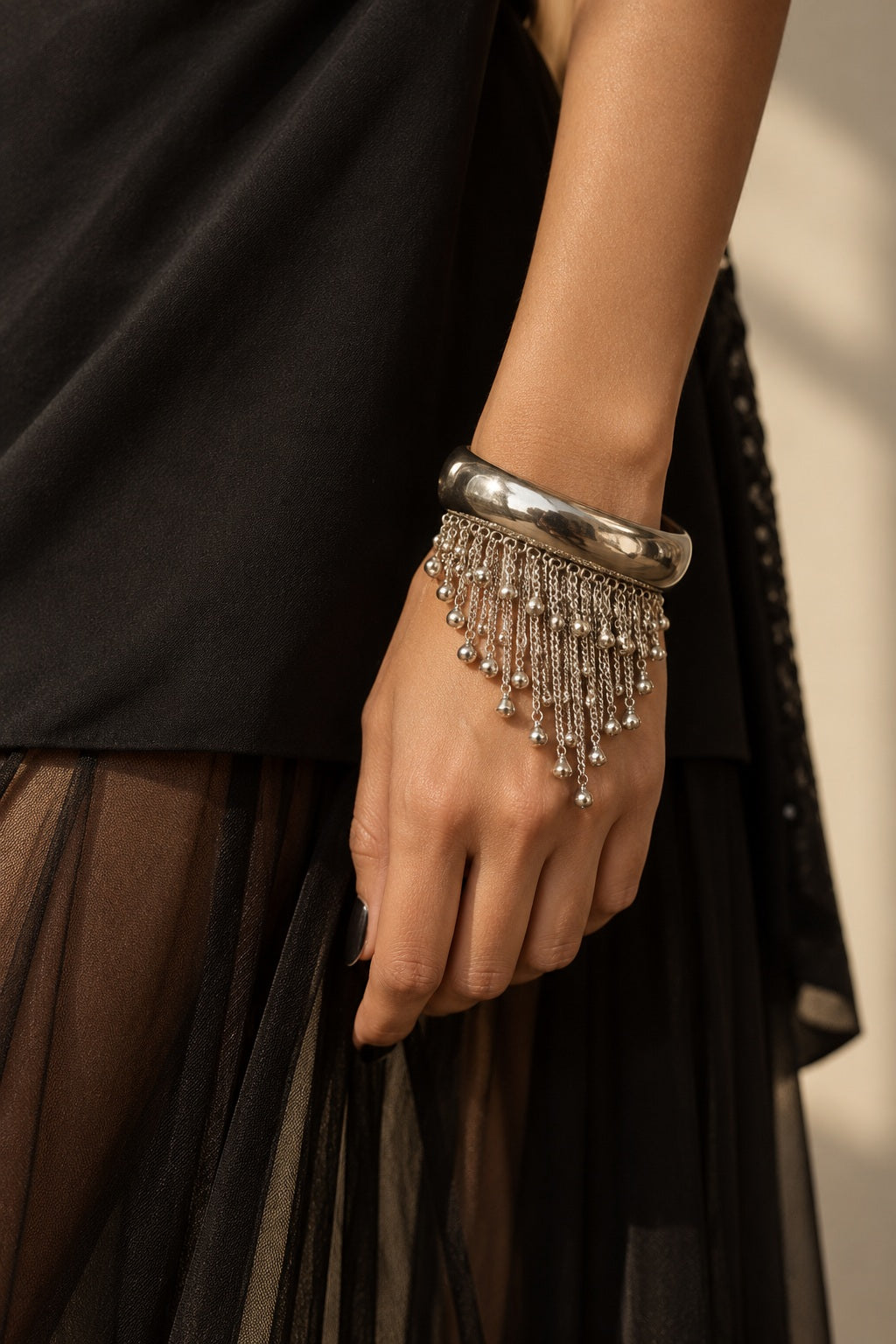 Shimmy Silver Fringe Bangle worn