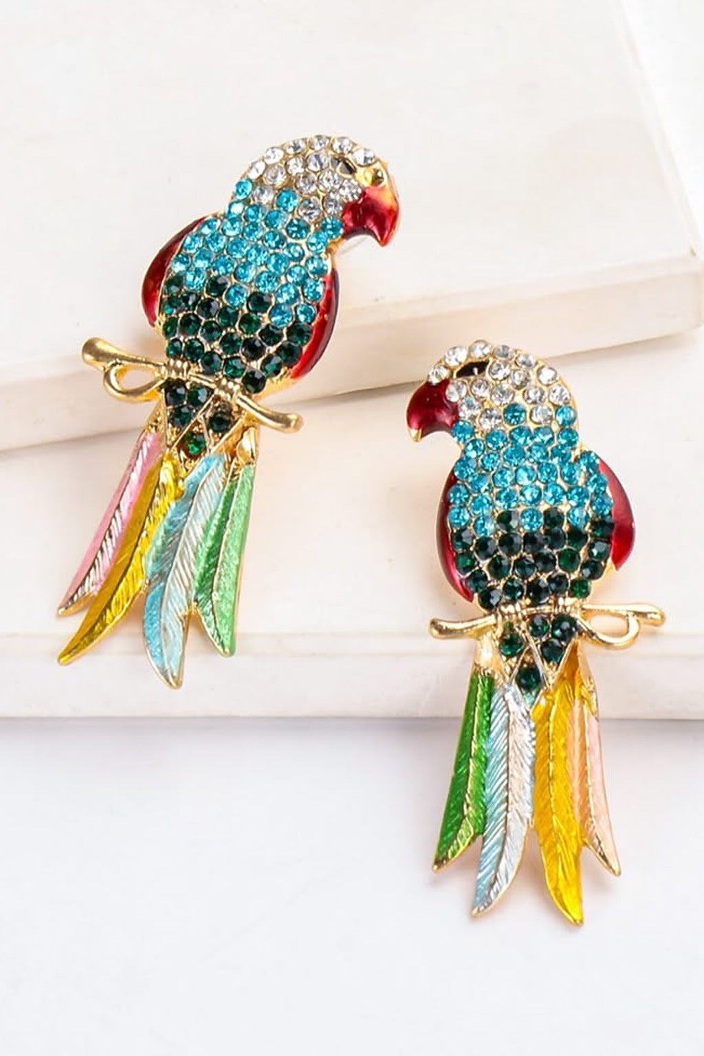 Polly Party Parrot Drop Earrings pair on white