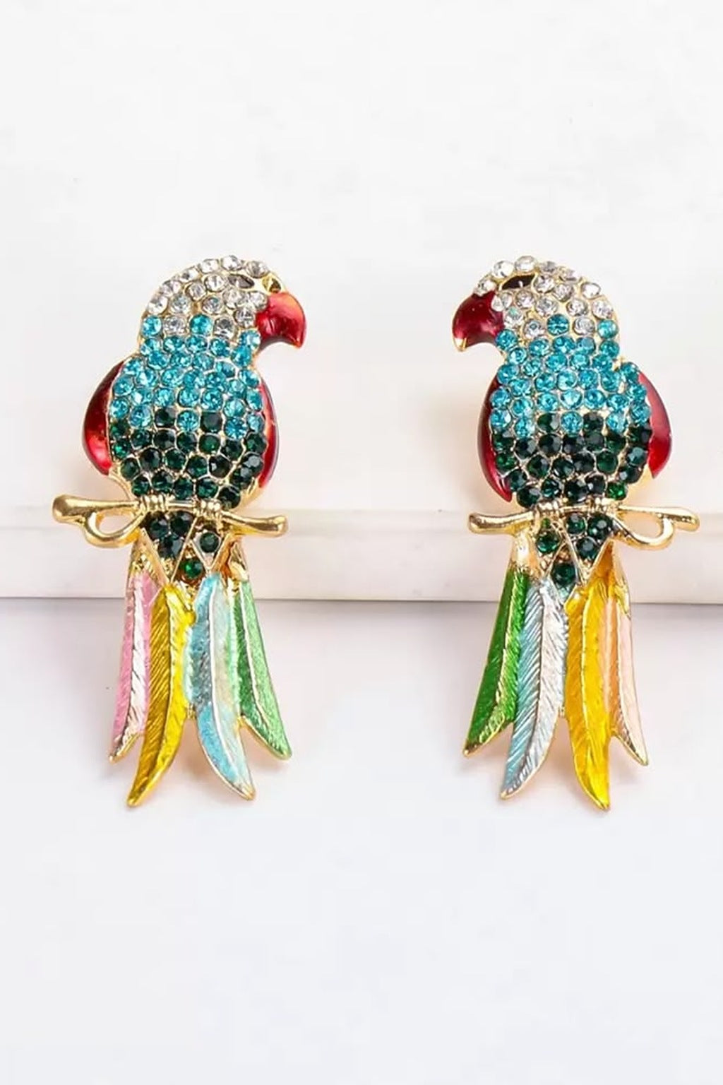 Polly Party Parrot Drop Earrings pair side by side