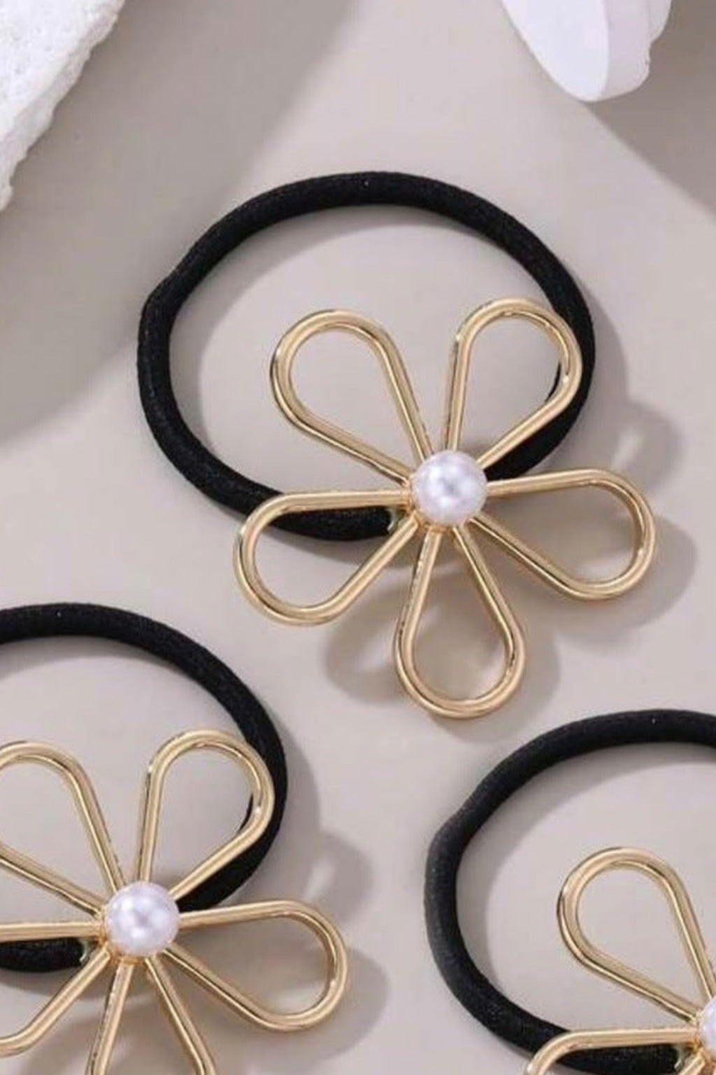 Pearl Daisy Hair Tie Set of 3 3 gold flower pearl hair ties