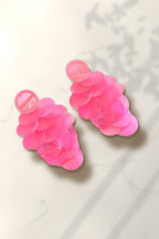 Pink Shell Cascade Earrings – pink capiz shell disc drop earrings on white marble in warm golden-hour sunlight