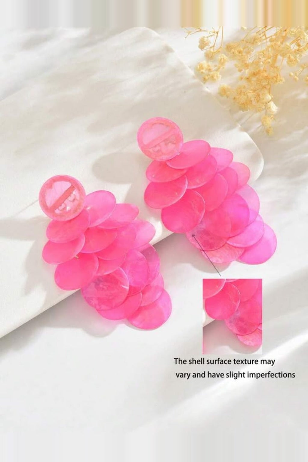 Pink Shell Cascade Earrings with close-up of the natural shell texture