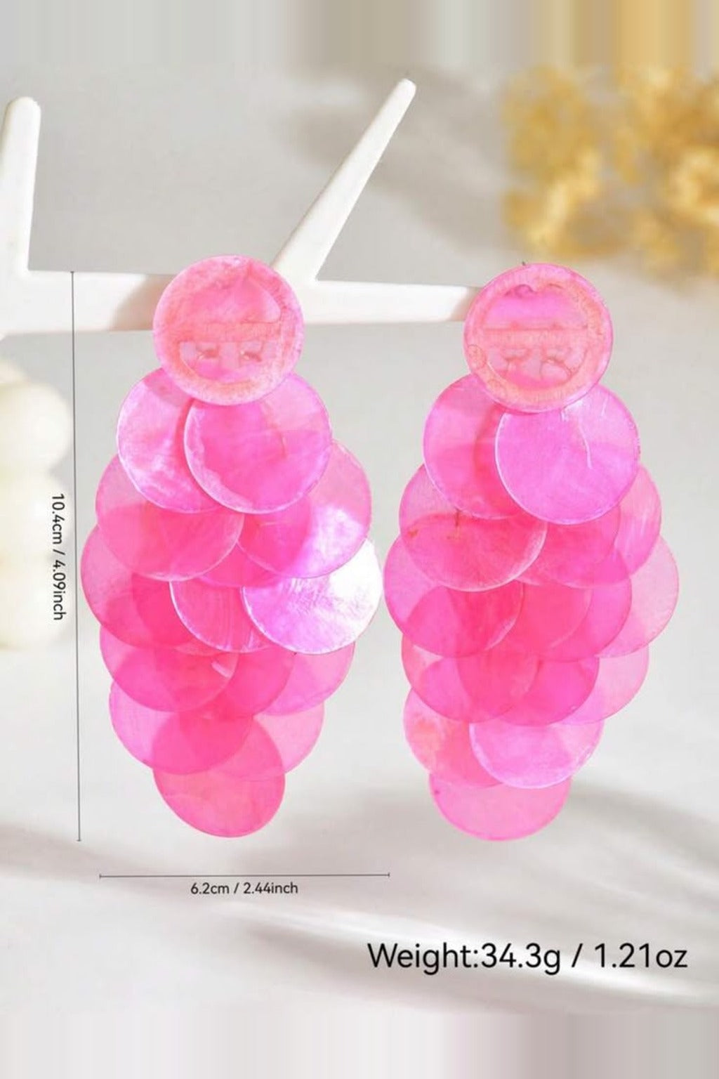 Pink Shell Cascade Earrings size chart – 10.4 cm x 6.2 cm, 34.3 g