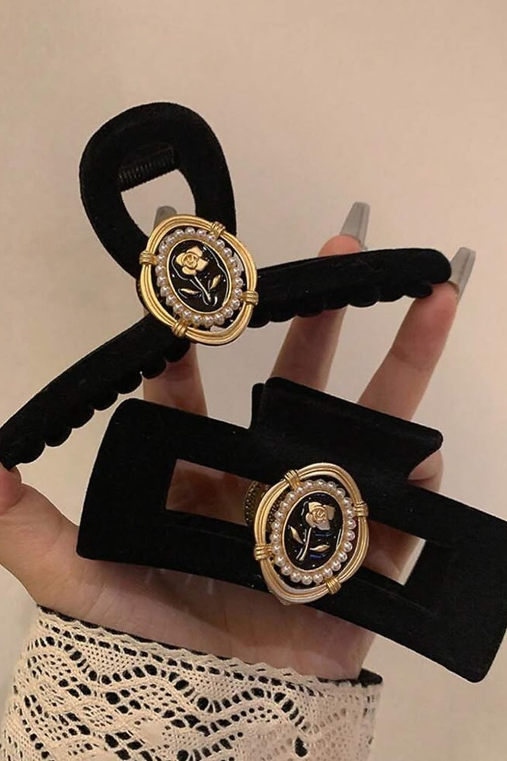 Pearl Rose Claw Clip Set – worn, back view
