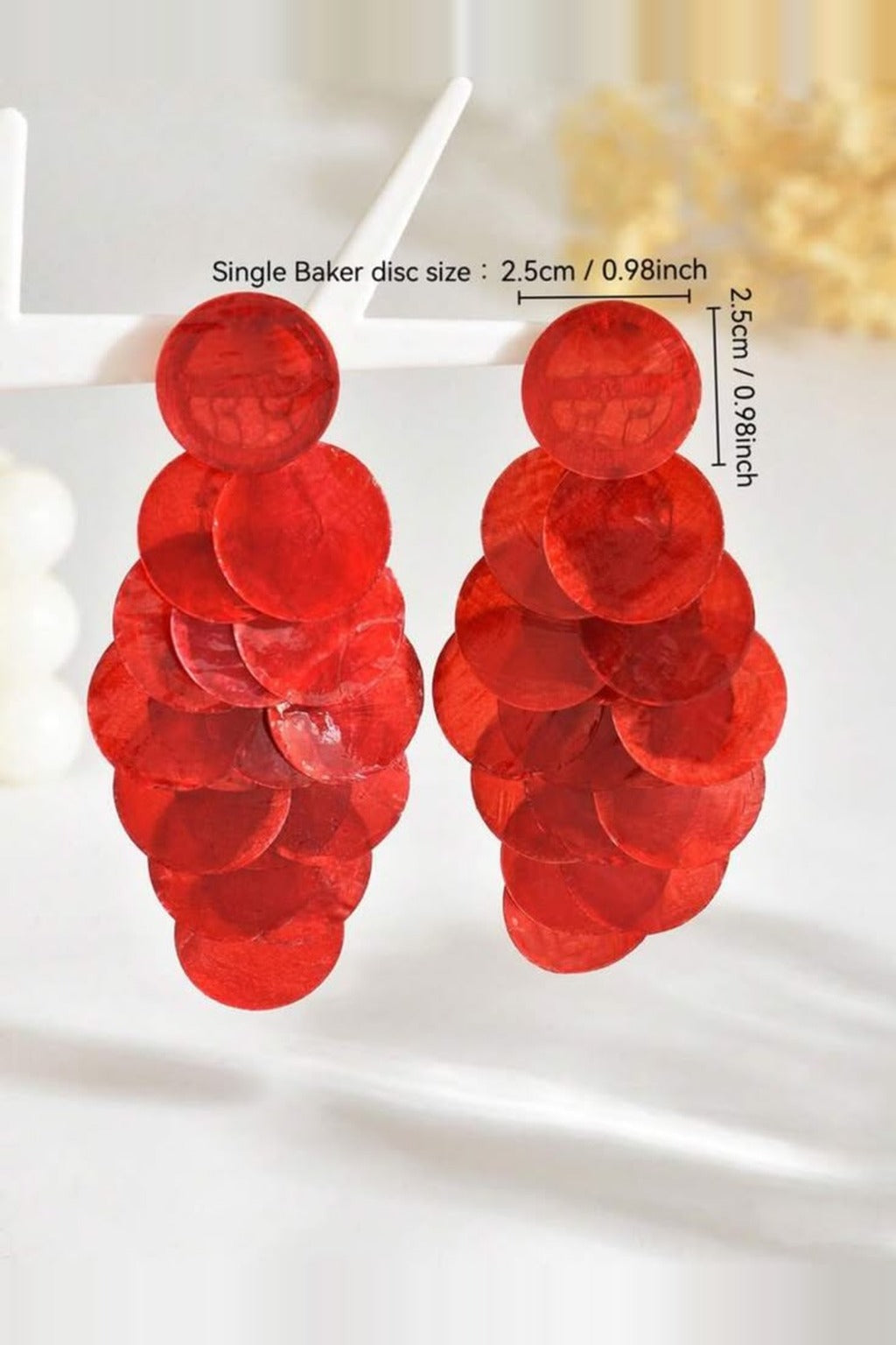 Red Shell Cascade Earrings size chart – single disc 2.5 cm, 10.4 cm x 6.2 cm
