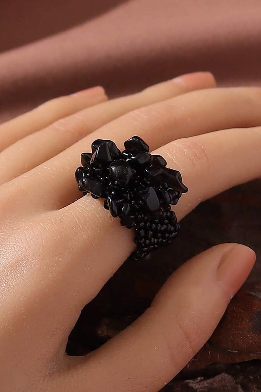 Midnight Bloom Stretchable Cluster Ring worn, side view