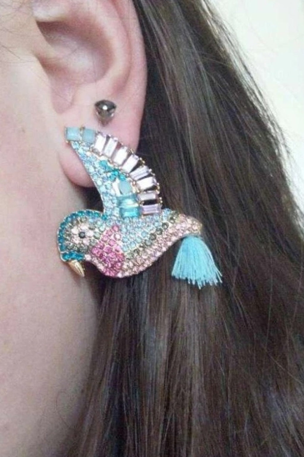 Sparkle Swallow Stud Earrings worn, close-up