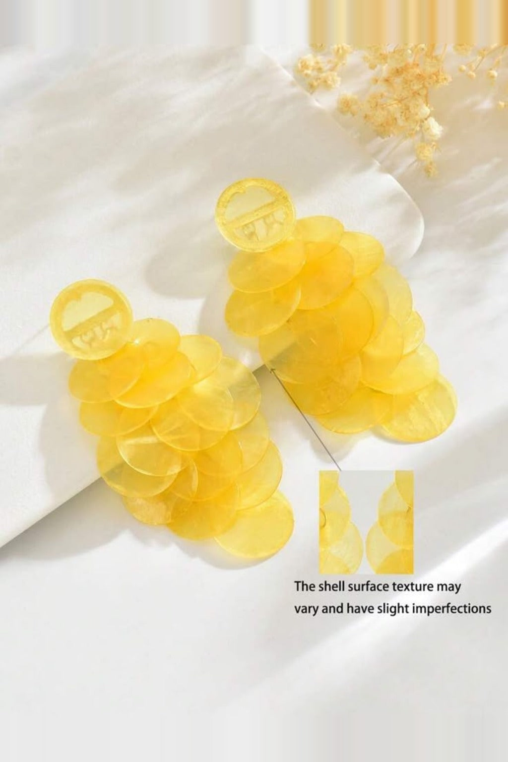 Yellow Shell Cascade Earrings with close-up of the natural shell texture