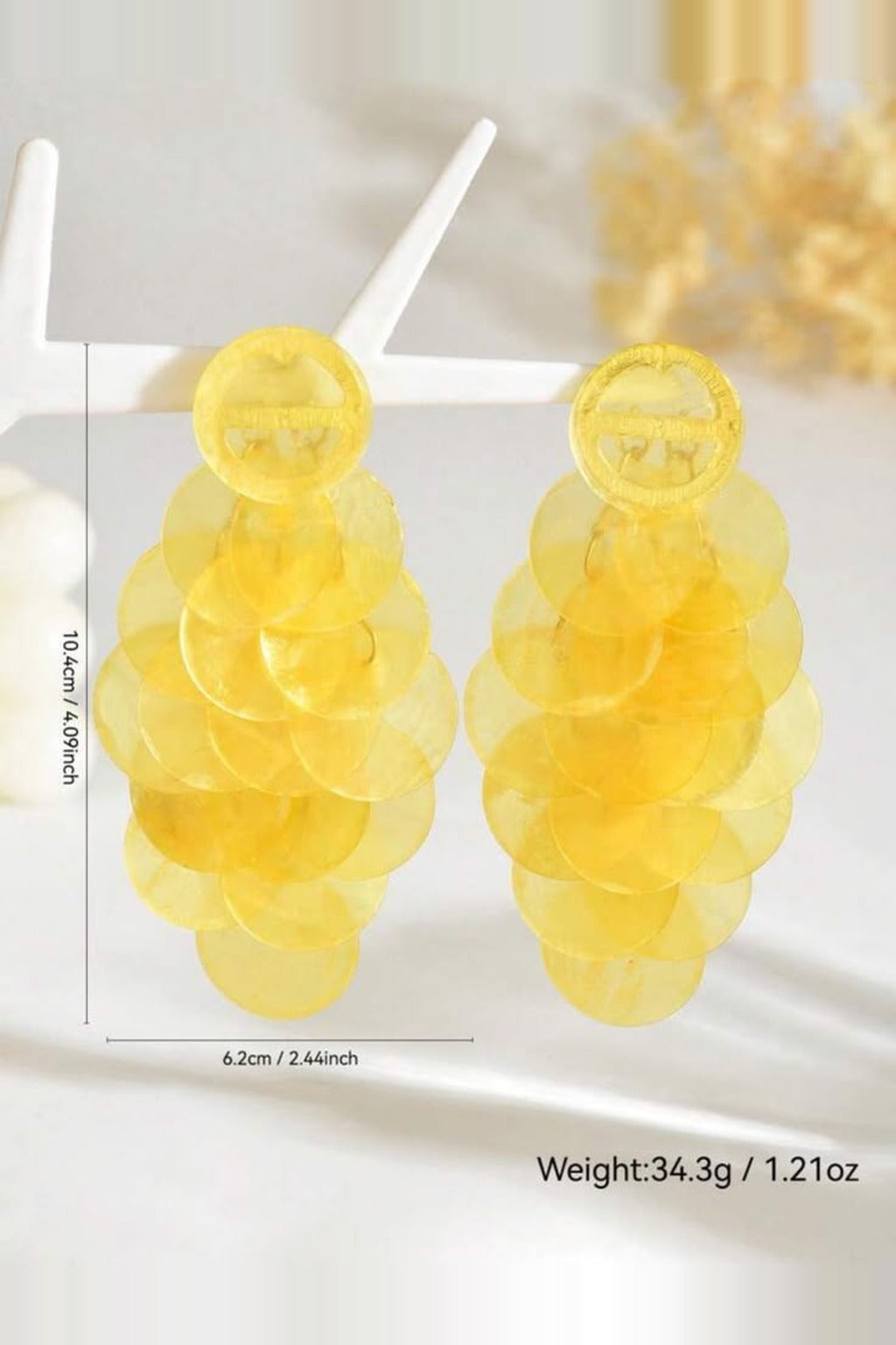 Yellow Shell Cascade Earrings size chart – 10.4 cm x 6.2 cm, 34.3 g